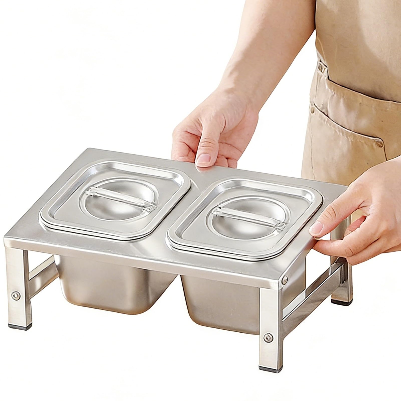 HADECOLL 2-Tier 304 Stainless Steel Pizza Topping Station, Counter Spice Rack Organizer, Condiment Tray For Kitchen Cabinet,With Lid-29X18.3X9.2~12.4cm