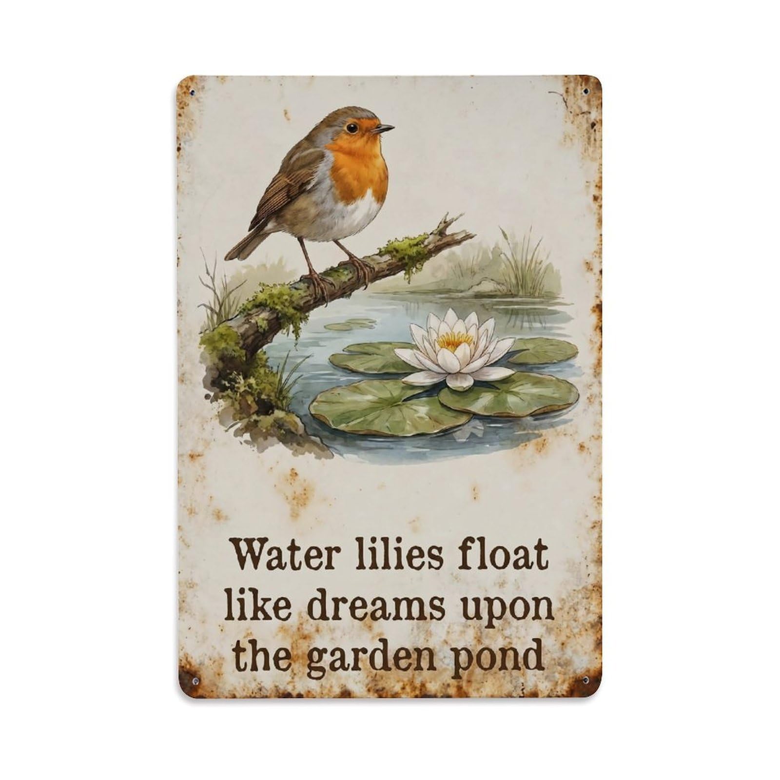 Robin Bird Garden Quote Lily Pond Metal Tin Sign