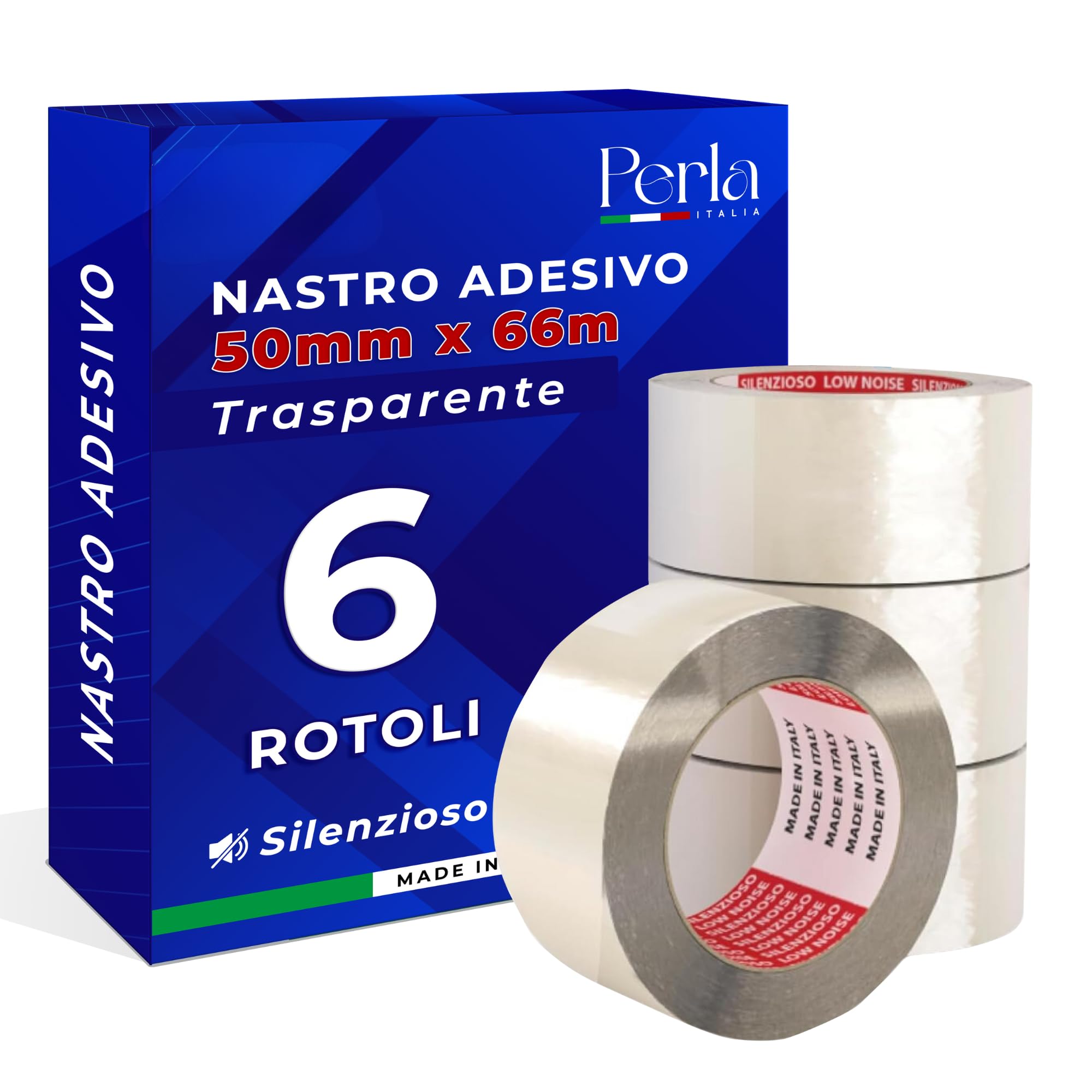 Perla, 6 Nastro Adesivo da Imballaggio Trasparente, Rotoli per Imballaggi 50mm x 66m, Resistente a Strappo Silenzioso, Nastro Imballaggio per Spedizioni Scatoloni e Trasloco