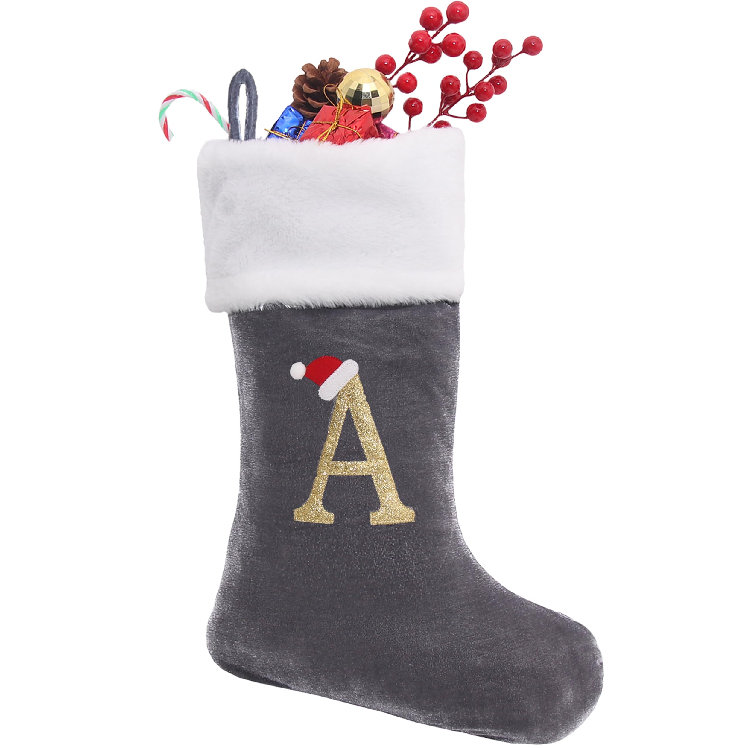 20 Inches Monogram Christmas Stockings with Letters, Large Super Soft Christmas Stockings Grey Velvet with White Super Soft Plush Cuff for Christmas Xmas Tree Holiday Fireplace Grey