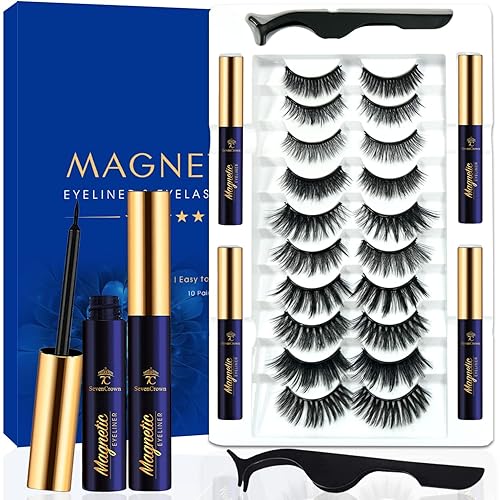 Pestañas magnéticas 3D con kit de delineador de ojos, pestañas magnéticas 7C SevenCrown de aspecto natural con 4 tubos mejorados de forro