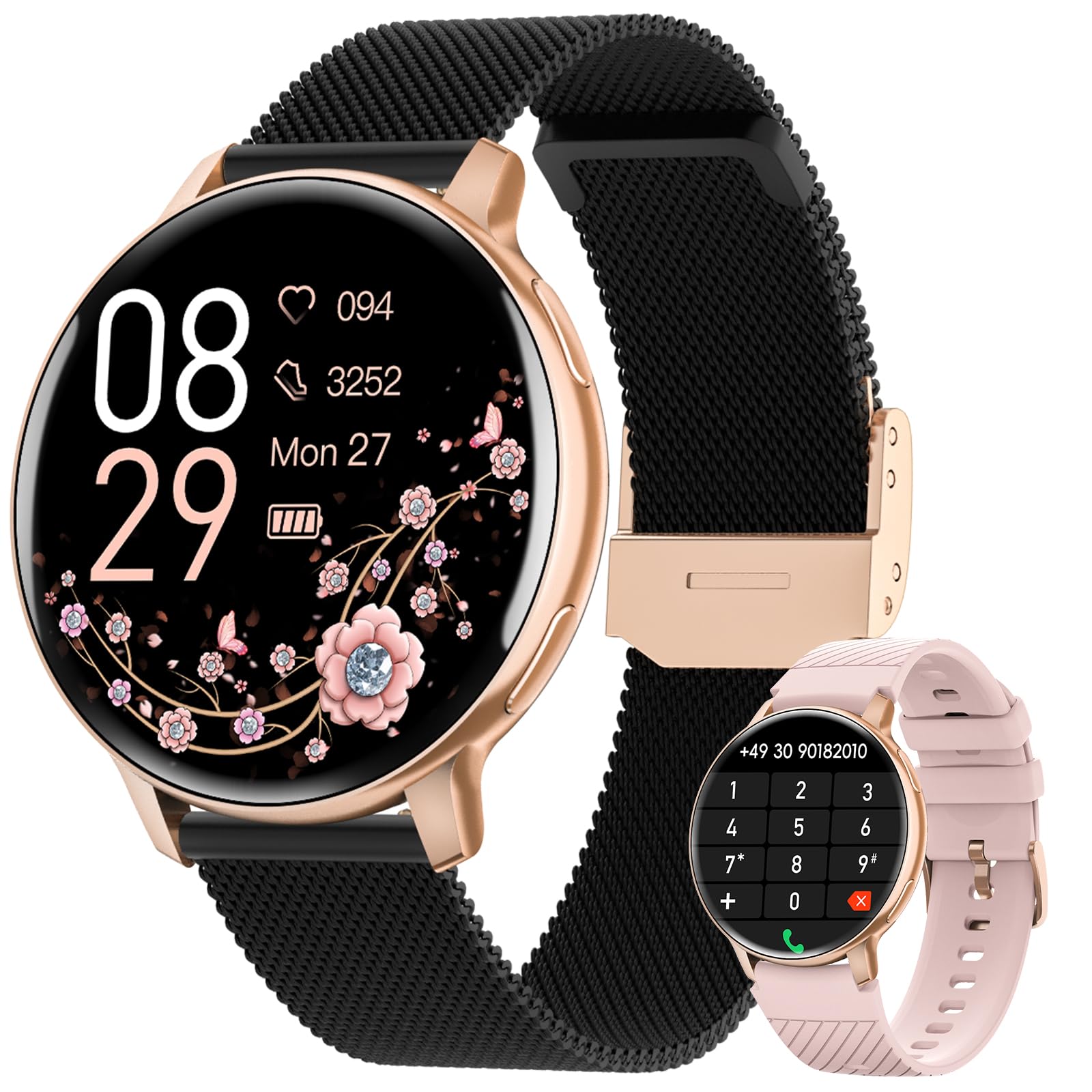 Smartwatch Damen Rund, 1.39" HD Fitnessuhr mit Telefonfunktion, 120+Sportmodi Herzfrequenz Schlafmonitor SpO2 Uhr Damen, IP68 Wasserdicht Schrittzähler Wecker Fitness Tracker iOS Android Schwarz Gold