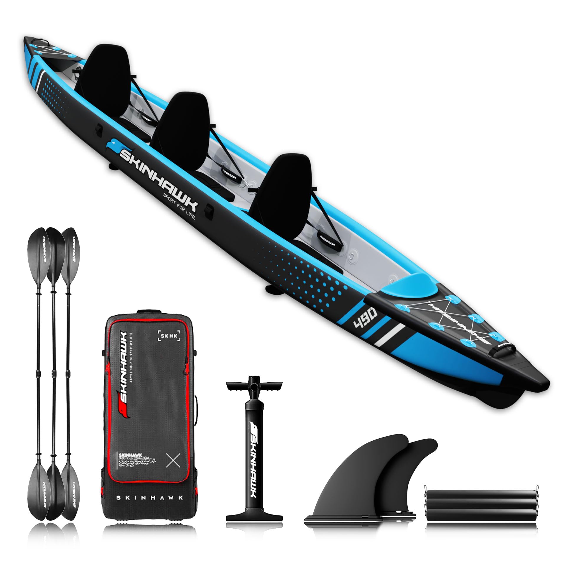 SKINHAWK Premium Drop Stitch Kajak 490 Blau, Schlauchboot, Kanu, zum Aufblasen, Adventure Kajak 490 x 85 cm