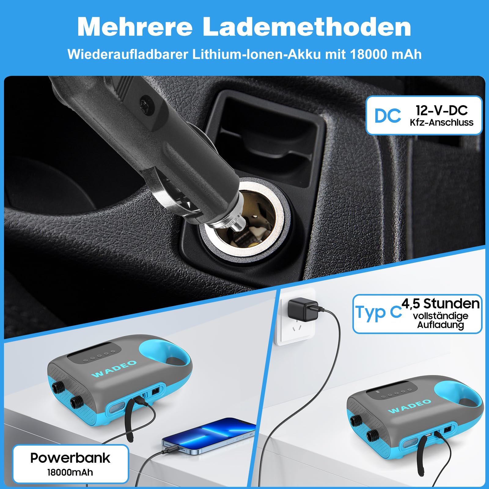 WADEO SUP Pumpe elektrisch [18000mAh], 20 PSI Hochdruck SUP Luftpumpe Akku mit LED-Licht, 110 V AC/12 V DC Schnellladung, Auto-Off für Stand Up Paddle Boards, Boote, Kajak, Matratze - Ink.Tragetasche