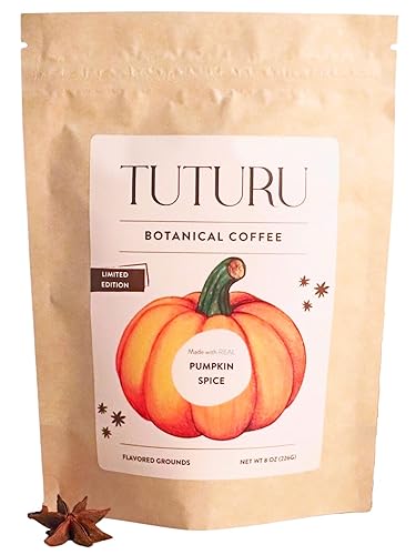 TUTURU - Café molido de especias de calabaza Especias de calabaza reales tostado medio, café orgánico Suave bajo en ácido Perfecto para gotear,