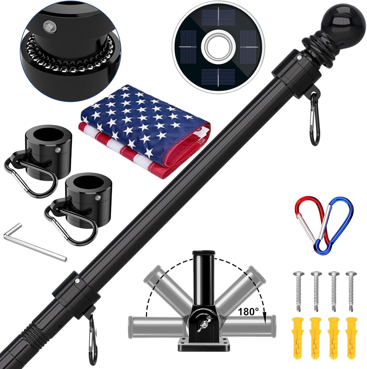 ZMTECH 5FT Wall Mount Flag Pole Kit with Solar Light, Embroidered American Flag, Tangle-Free Rings & Adjustable Bracket - Rust-Proof Stainless Steel