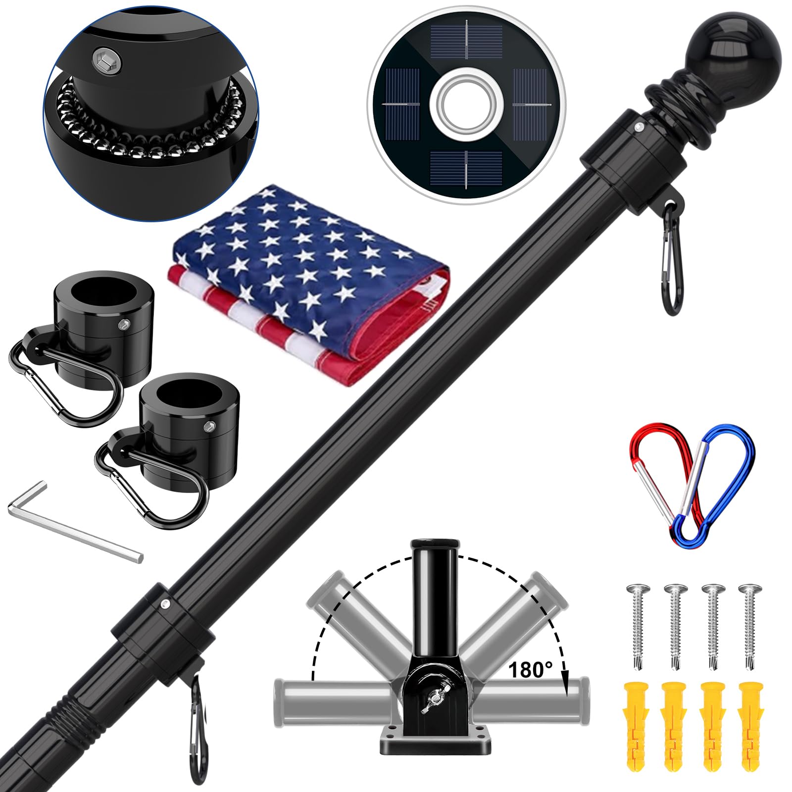 ZMTECH 5FT Flag Pole Kit with Solar Light and Embroidered American Flag, Adjustable Bracket and Upgraded Tangle-Free Ring 1