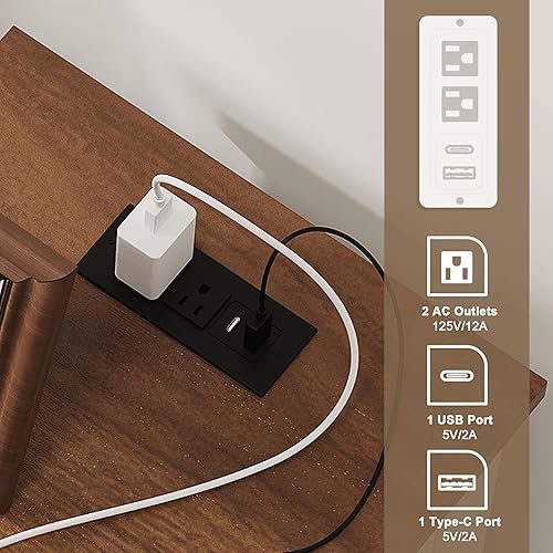 Miniatura 5 de ChooChoo Juego de 2 mesas auxiliares de granja con estación de carga, mesita de noche con estante ajustable y puerta de cristal, mesa auxiliar negra