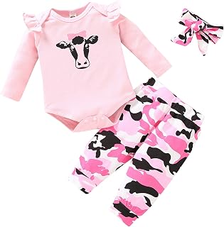 Baby Girl Clothes, 0-24 Months Newborn Romper Ruffle Sleeve Onesie+Floral Pant+Headband 3PC Winter Pajamas Outfits