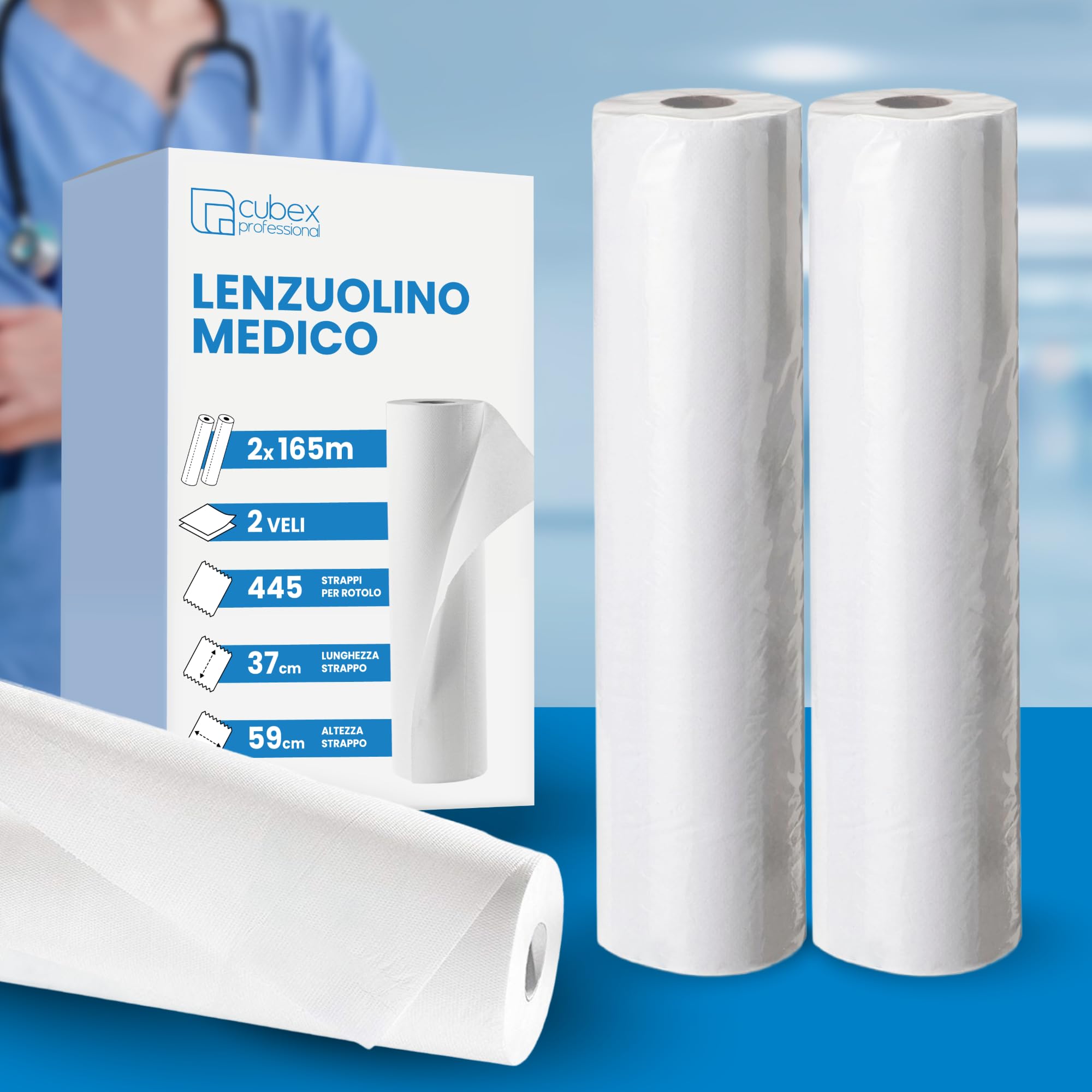 Cubex Professional Drap de lit médical, 2 rouleaux de 165 m x 59 cm, pure cellulose à 2 voiles, doux et absorbant, pour centres esthétiques, SPA, physiothérapeutes
