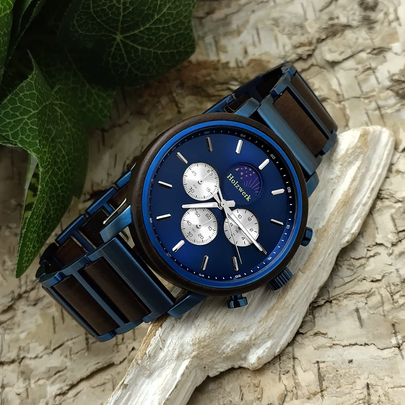 Holzwerk Germany Ręcznie wykonany designerski zegarek męski ekologiczny naturalny drewniany zegarek chronograf zegarek na rękę analogowy zegarek kwarcowy brązowy czarny niebieski z fazą księżyca, niebieski