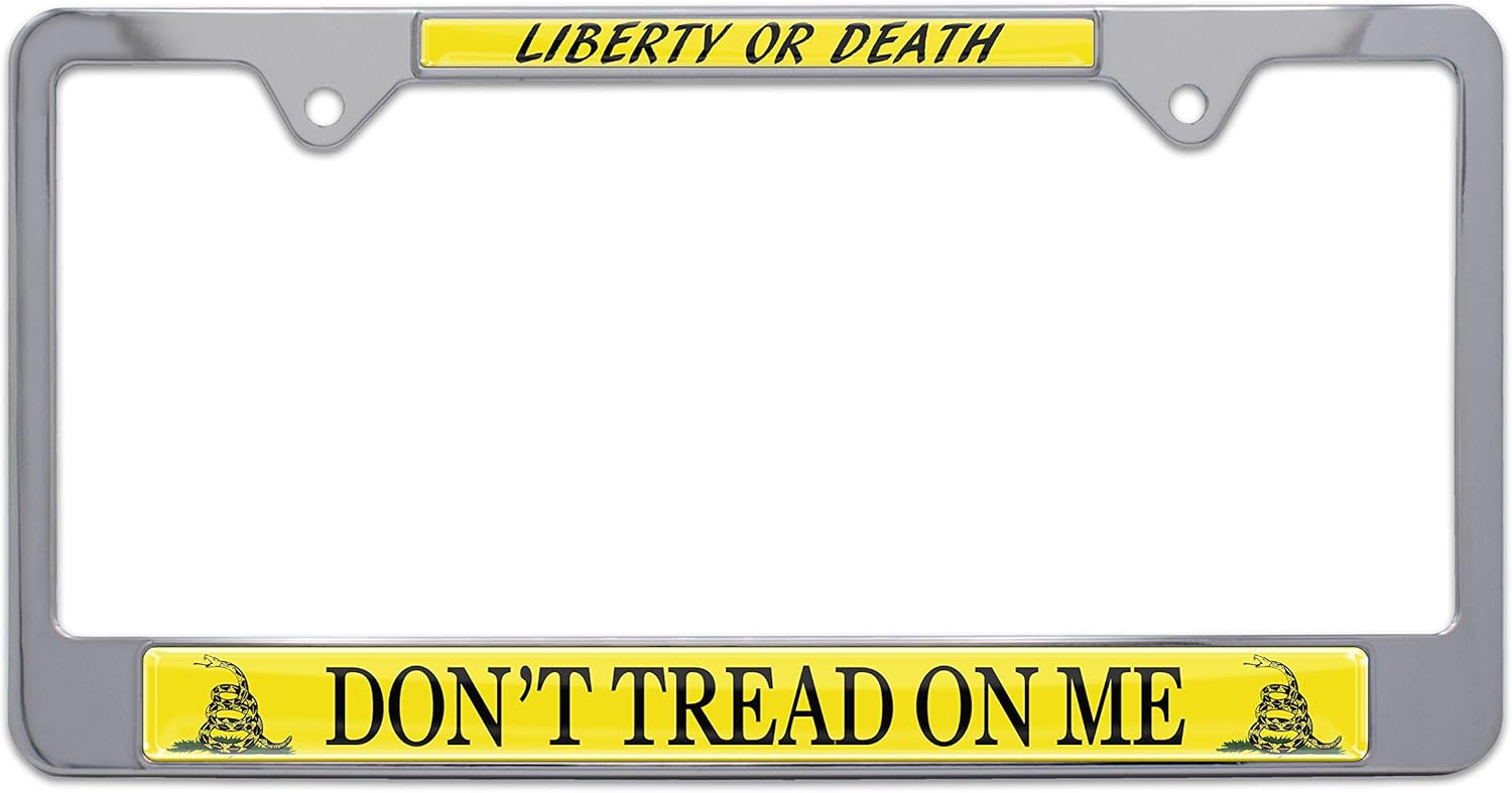 Elektroplate – USA Don't Tread On Me Gadsden Flag Chrome-Plated All-Metal Standard Size License Plate Frame Tag Holder for Cars/SUVs/Trucks Weather-Proof Automotive Accessory