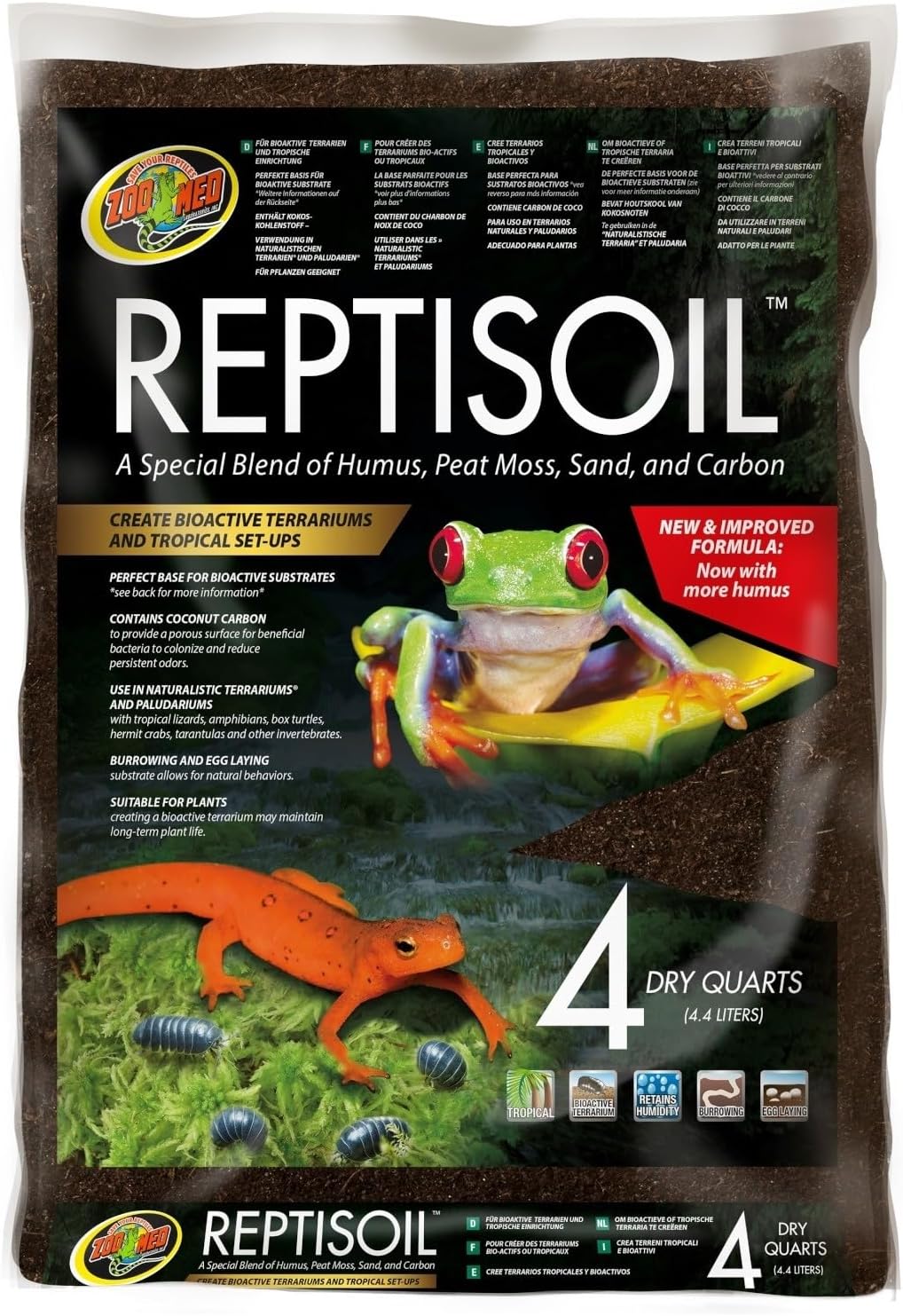 Zoo Med Reptisoil Bioactive Substrate for Reptiles, Arachnids, Turtles and Amphibians with Coconut Fibre, for Tropical Soils - 4.4 Litres