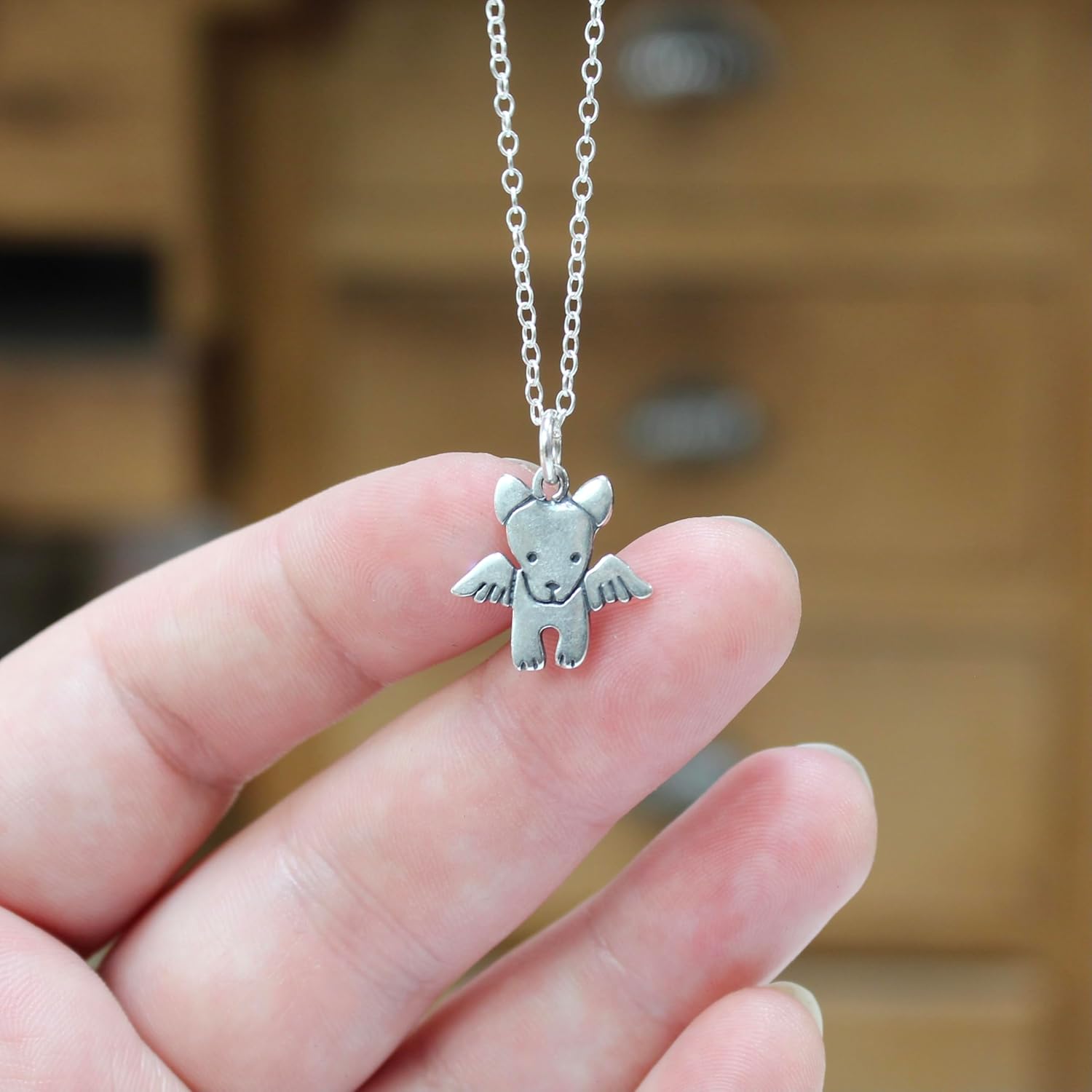 Mark Poulin Sterling Silver Angel Dog Charm Necklace on 16" 18" 20" Adjustable Sterling Silver Chain - Memorial Pet Charm for Women and Girls