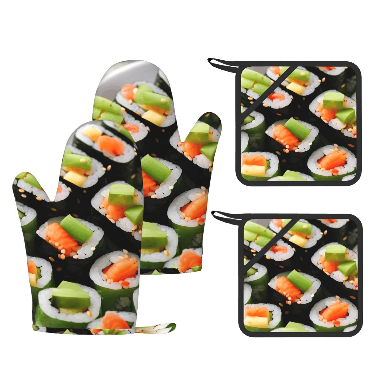 Sushi Dill Pickles Printed Kitchen Set with Heat Resistant Oven Gloves & Non-Slip Pot Holders for Daily Cooking