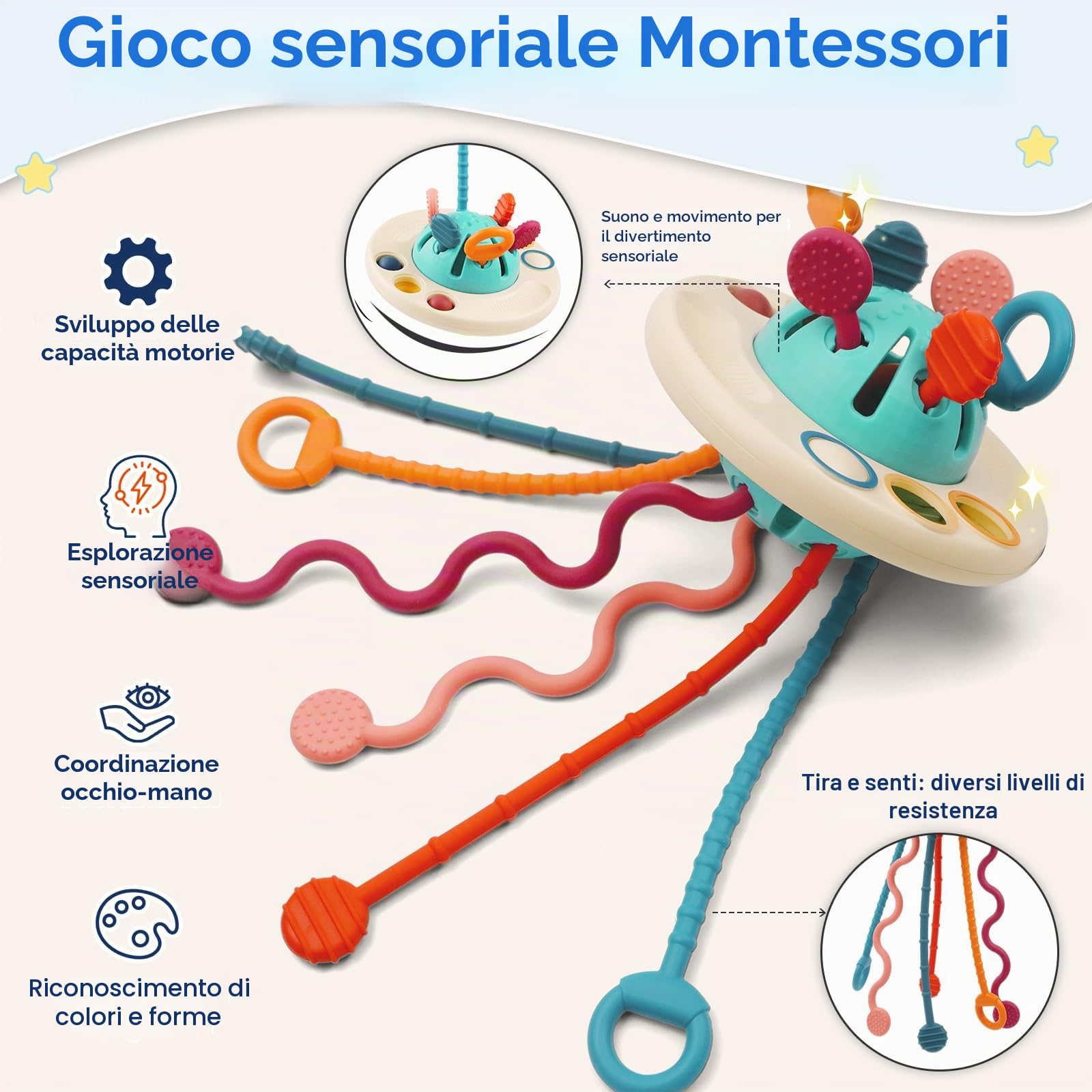 Giochi per Bambini 1 Anno, Giocattoli Sensoriali Montessori per Bambini dai 12 ai 18 Mesi+ Gioco da Tirare UFO Giocattoli Didattici per Lo Sviluppo delle capacità Motorie Fini