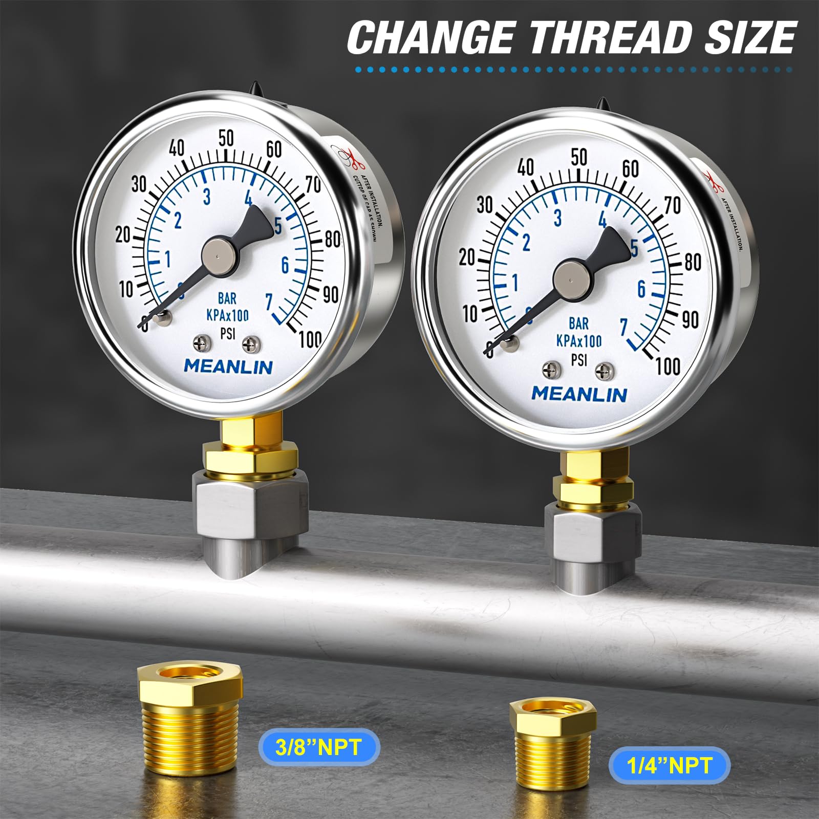 Stainless Steel Pressure Gauge - 0-100PSI Waterproof -3