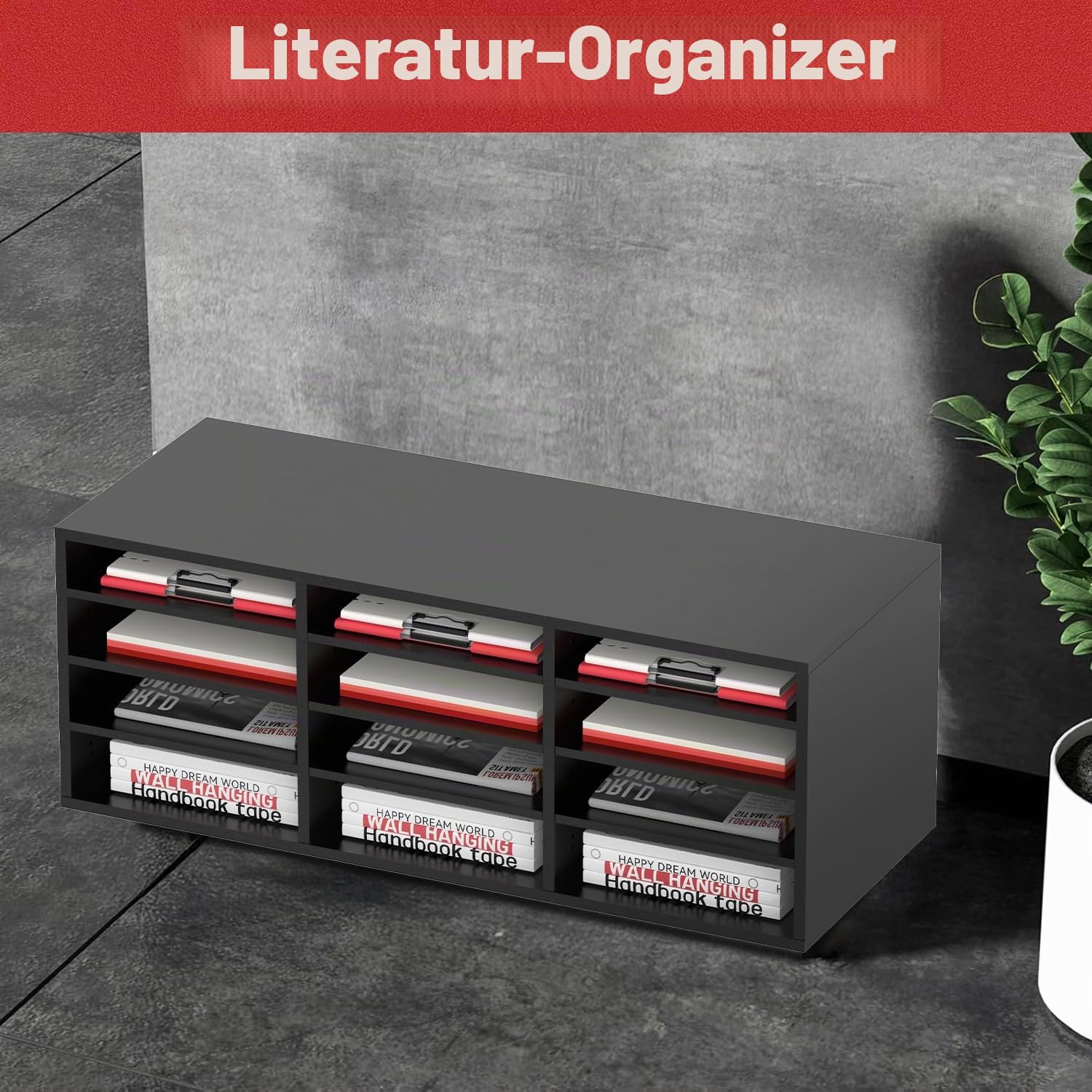 12-Schubladen-Holz-Organizer für Papier und Post, Schreibtisch-Rechnungsorganizer für Büro, Zuhause und Schule, Schüler-Postfach für das Klassenzimmer, Schwarz
