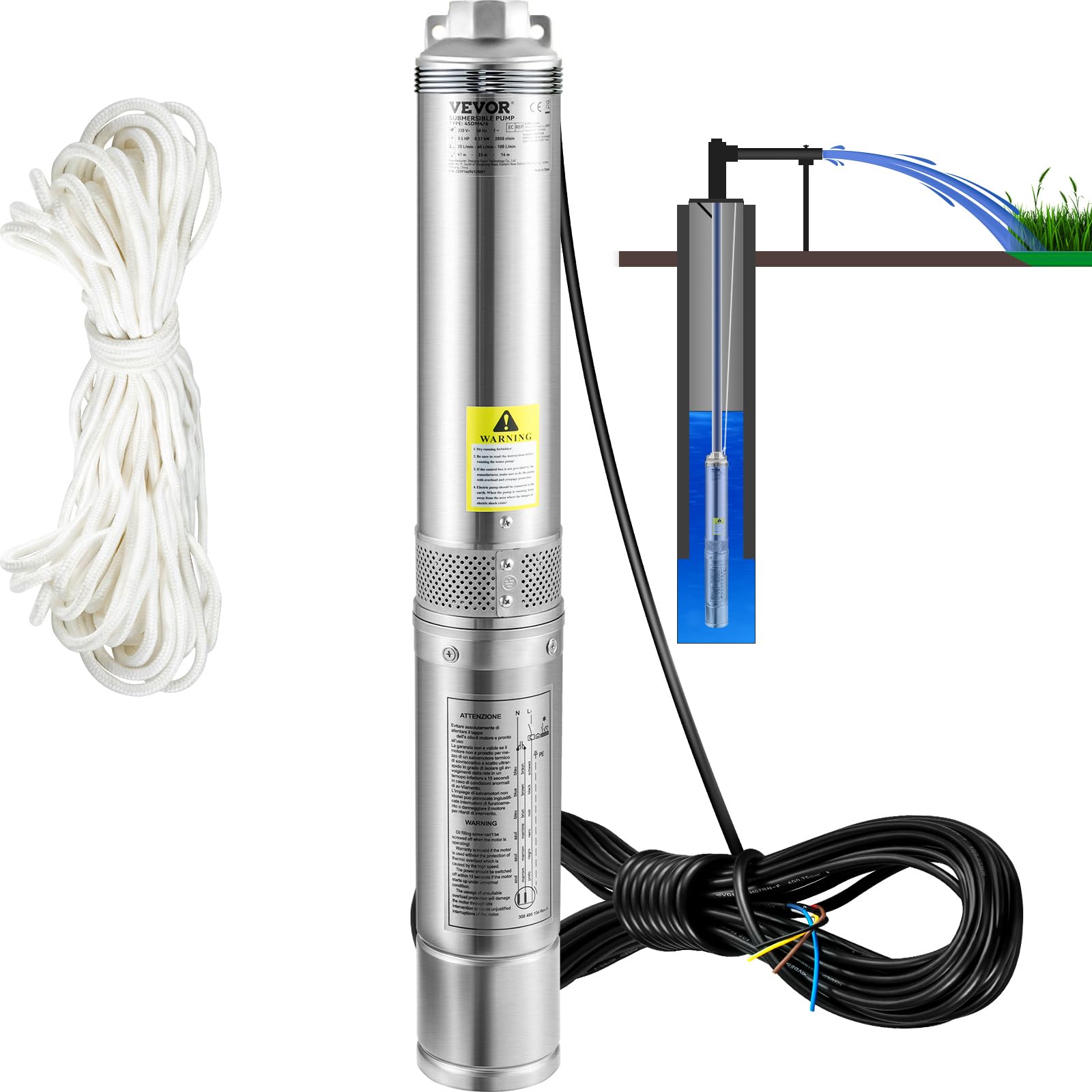 VEVOR Pompa Sommersa per Pozzo 370W Flusso 110L/min per Piscina Giardino Orto in Acciaio Inox, Pompa Sommersa per Pozzi Profondi 230V Prevalenza Max. 44m con Scatola Controllo Esterna