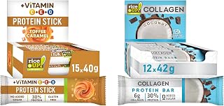RiceUP! Proteinreiches Snack-Bundle – Toffee-Karamell-Proteinsticks mit Vitamin C, E & D und Kokos-Kollagen-Proteinriegel – Proteinreich, ohne Zuckerzusatz, glutenfrei