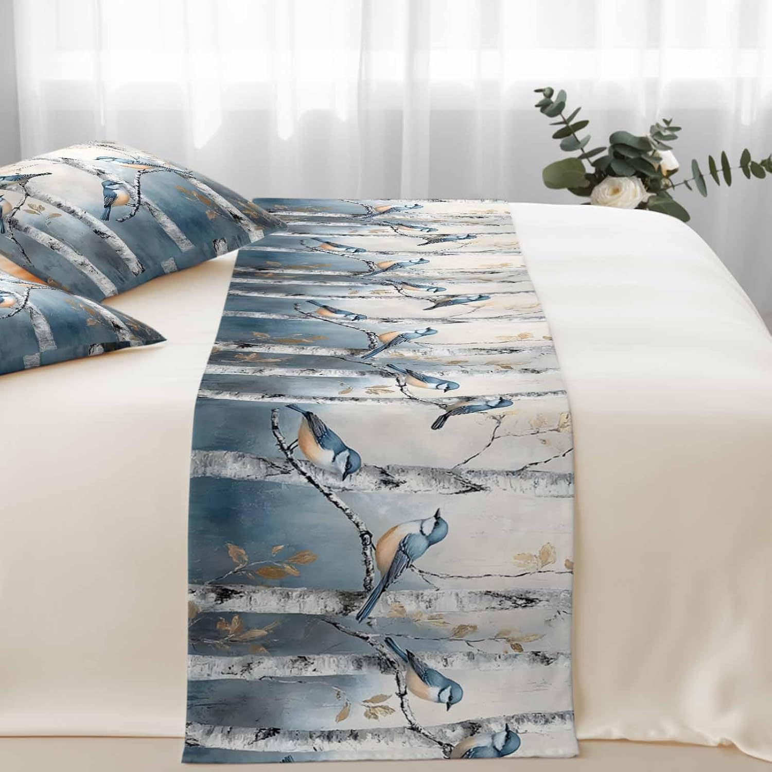 Spring Birds Bed Runners for Queen Size Beds Grey Forest Tree Branch Oil Painting Bed Scarf Matching Decorative Throw Pillow Covers Hotel Beds End Blanket Towel Soft Bedspread Protection for Bedroom