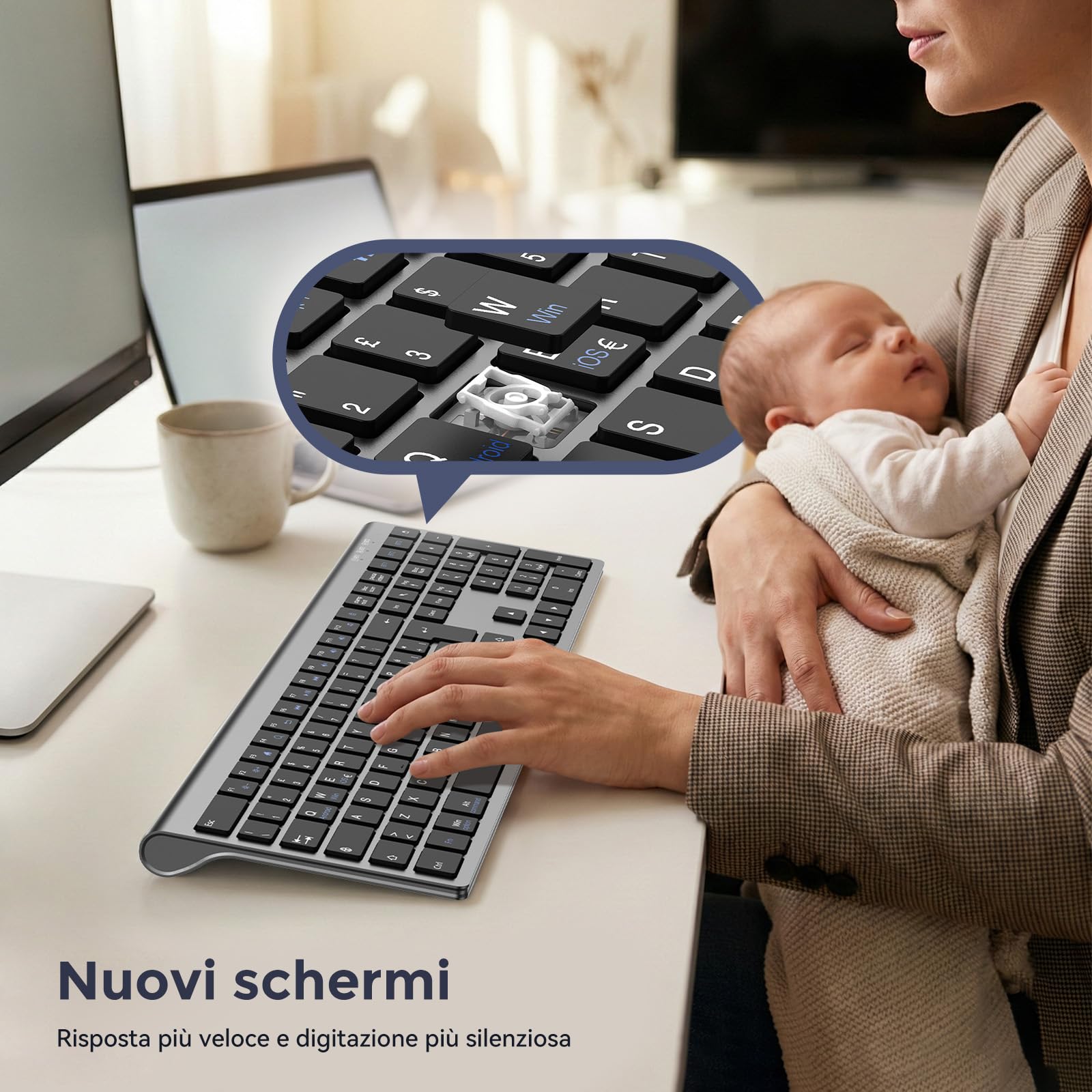 cimetech Tastiera wireless Bluetooth, Tastiera wireless ricaricabile multi-dispositivo con connessione facile fino a 3 dispositivi - Layout italiano, tasti silenziosi Compatibile con Mac, Windows, iOS