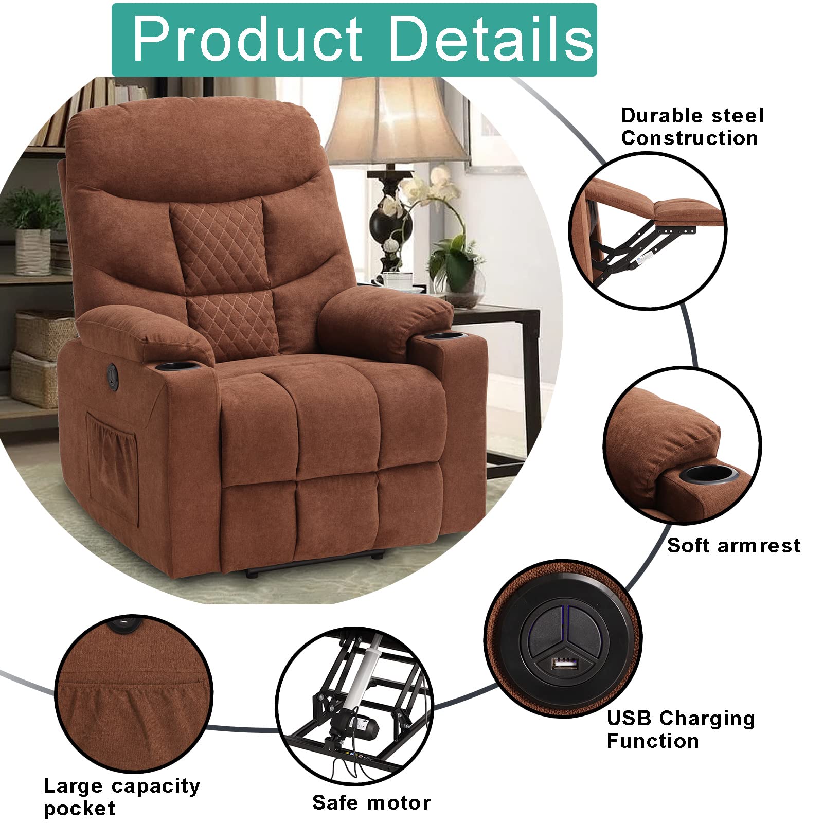 Power Recliner Chair with Massage and Heat Fabric Wingback Electric