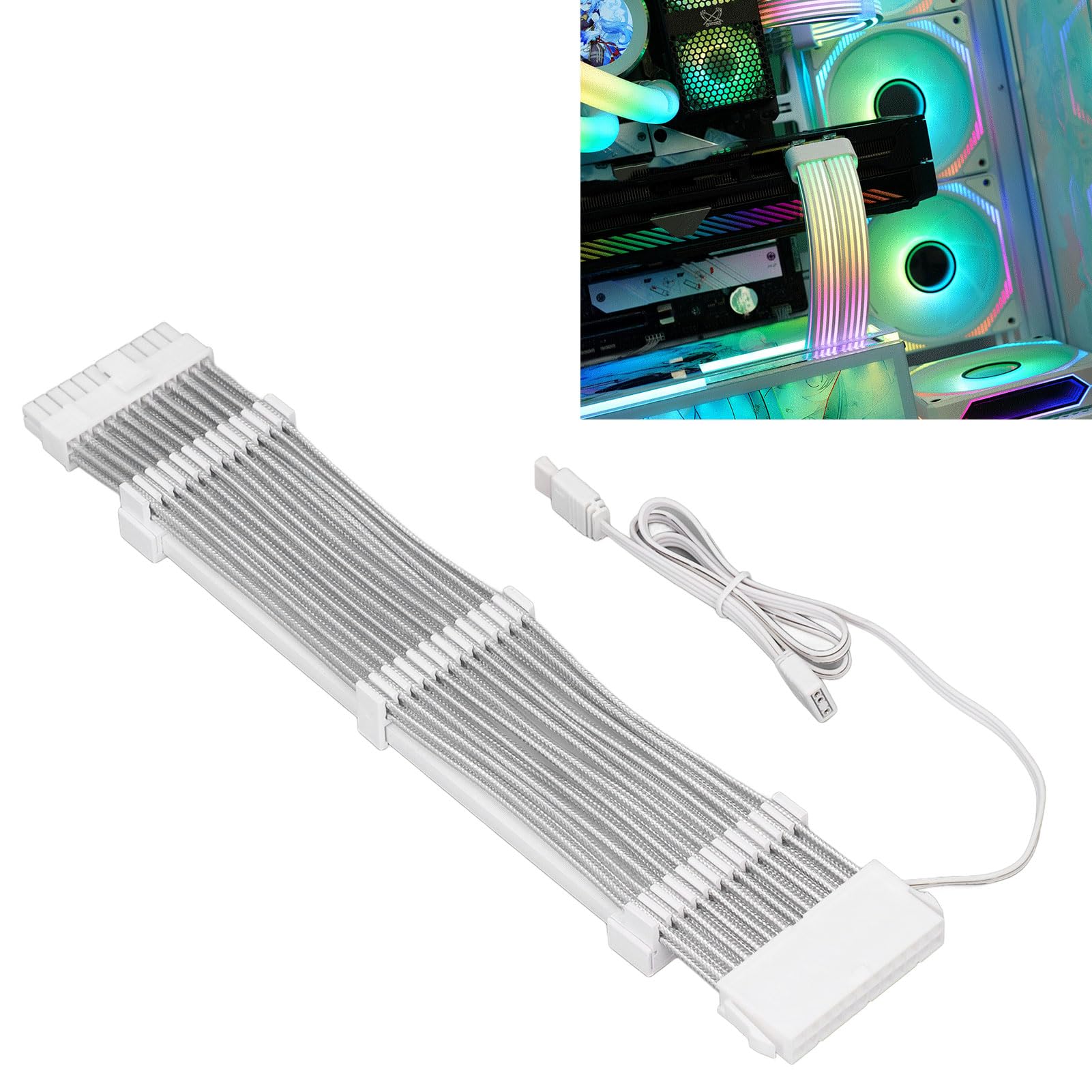 Przedłużacz Zasilania GPU ARGB, Jasny Wielokolorowy Design, Przedłużacz Zasilania 24PIN do 24PIN do Komputerów do Gier, Kolor Biały 60 Cm