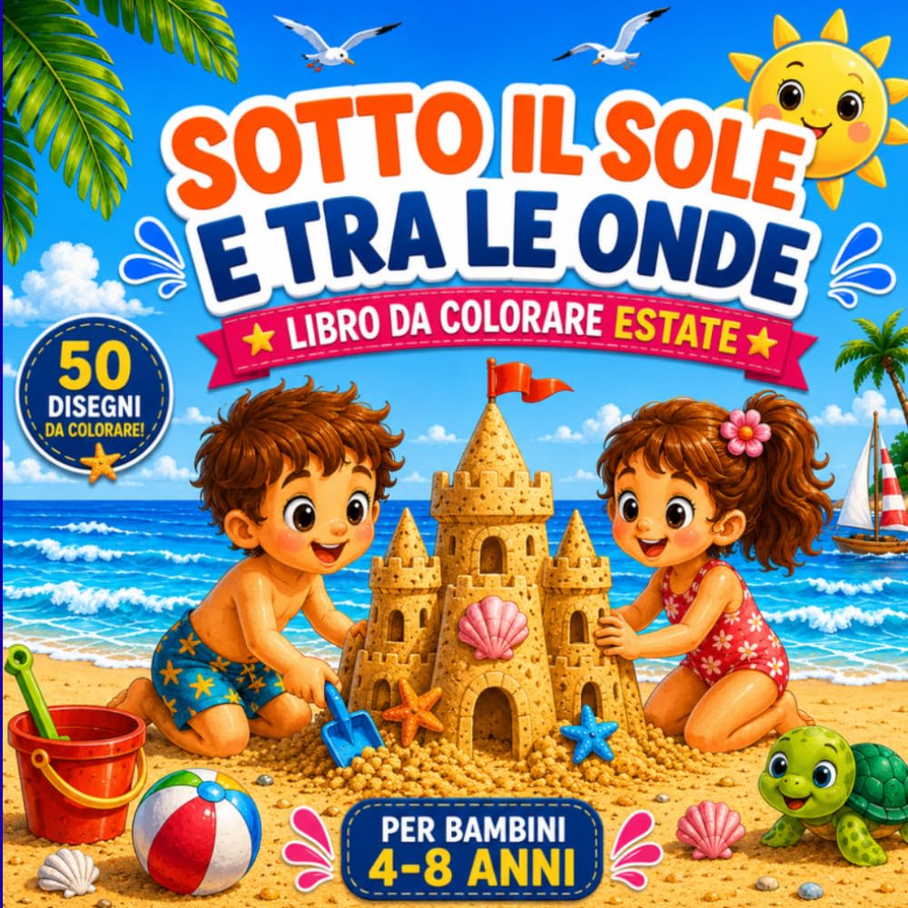 Sotto il Sole e tra le Onde: Libro da Colorare Estate per Bambini 4-8 Anni | 50 Disegni di Mare, Spiaggia, Sirene, Pirati e Vacanze Estive