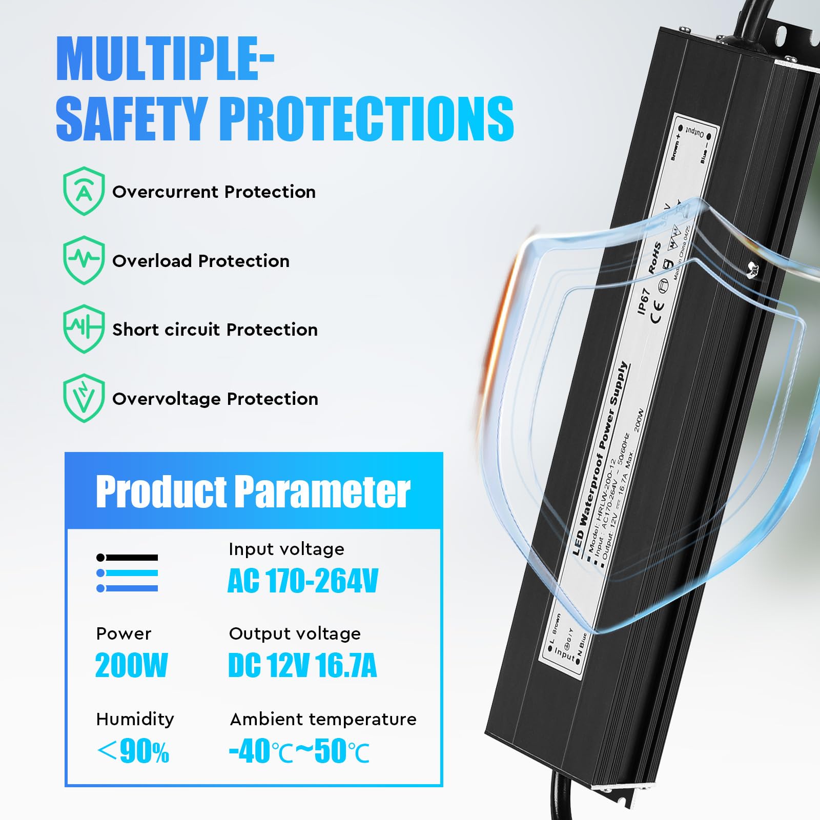 SWAWIS Transformateur LED 12V 200W 16,7A | Imperméable Alimentation de Tension Constante Pilote IP67, Transfo avec Prise, LED Driver pour Bande Spot Lèche-Mur