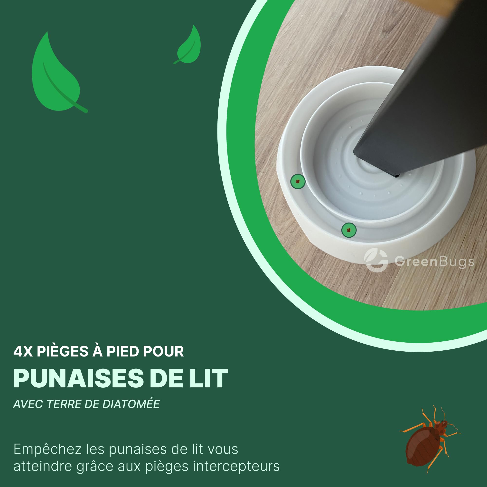 Piège Punaises de Lit (x4) avec Terre de Diatomée 100% Bio - Kit Intercepteurs Anti-Punaises pour Pieds de Lit - Solution Efficace - Inclus Mode d’Emploi