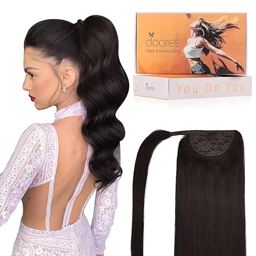 DOORES Extensiones de cabello con clip, color marrón oscuro, 18 pulgadas, 2.82 oz, extensiones de cabello humano Remy envolvente, cola de caballo