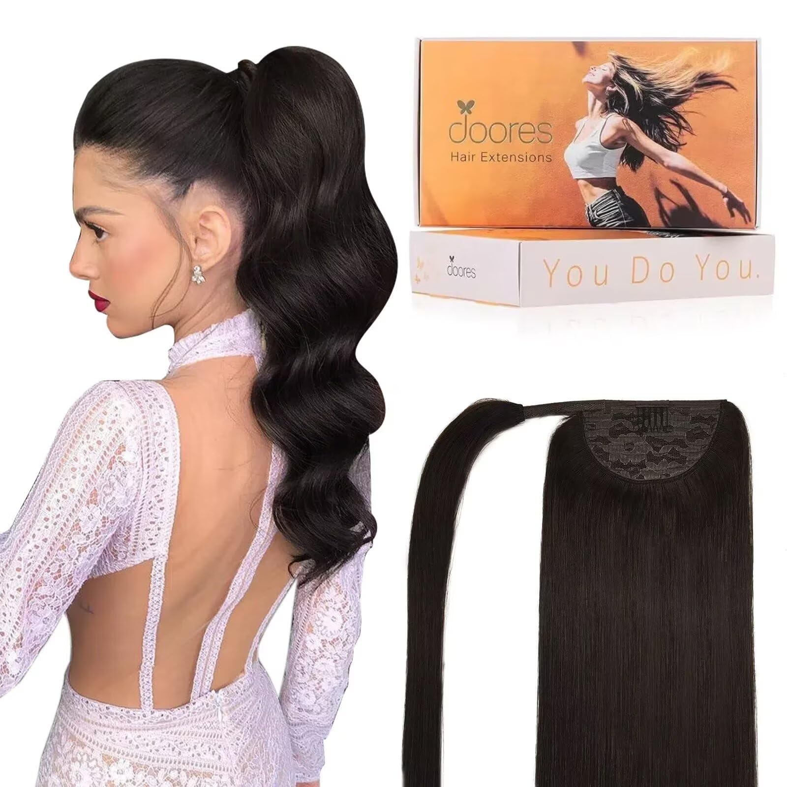 DOORES Hair Extensions Real Human Hair Ponytail Extension Dark Brown 16 Inch 80g Remy Hair Extensions Clip in Wrap Around Ponytail Extension for Women