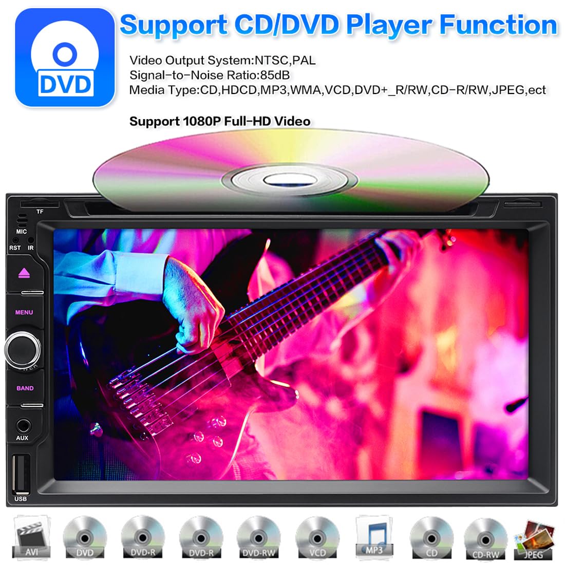 Stéréo de Voiture sans Fil CarPlay et Android Auto avec Lecteur CD/DVD, Écran Tactile Double Din de 6,95 Pouces Autoradio Prise en Charge du Lien Miroir Bluetooth AM/FM USB/TF/AUX