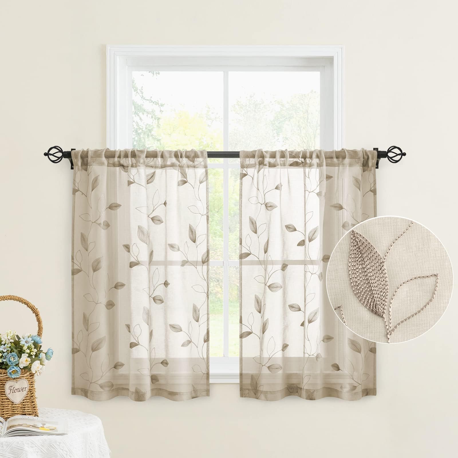 HOMEIDEAS Taupe Sheer Kitchen Curtains 30 X 24 Inch Length 2 Panels Beige Embroidered Leaf Pattern Short Curtains for Small Window Valance Tiers