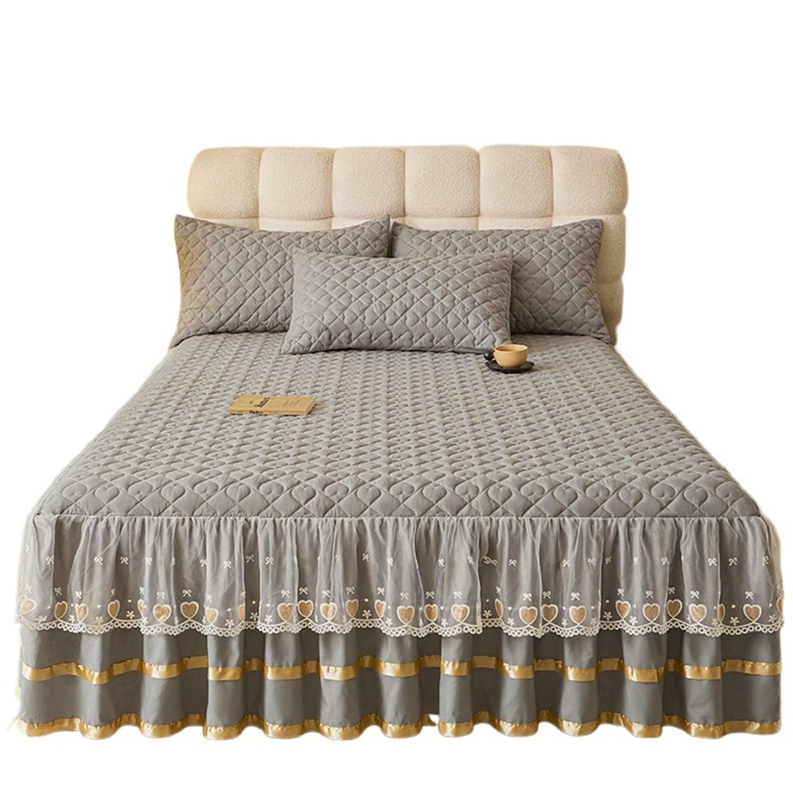Ruffled Bed Skirt Simple Style Bed Skirt Single/Queen/King Size Bedspread Ruffles Cover Home Quilted Linen (No Pillowcase)(M,King 180x200cm 1pc)