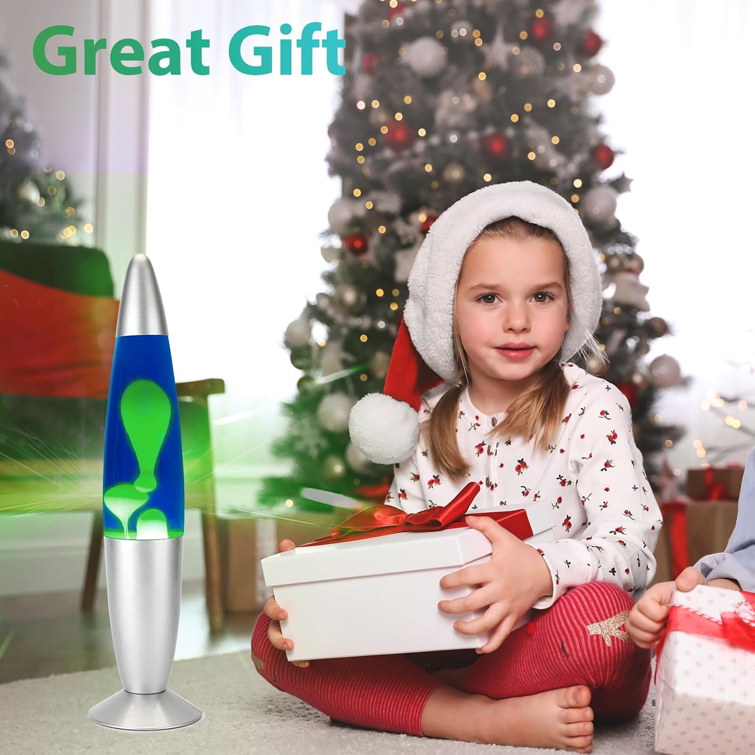 16 inches Liquid Motion Lamps, Gorgeous Night Light Lamp for Bedroom with Silver Base, Relaxing Mood Light Glitter Lamp for Kids, Adults, Home Decoration, Blue Magma Lamp with Green Wax
