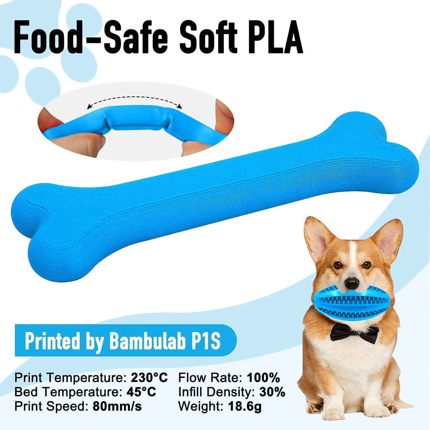 YXPOLYER Flexible PLA Food-Grade Soft PLA 92A 3D Printing Filament 1.75mm 1KG Blue for Bouncy Airless Basketball, Safe Dog Chew Toy, Interactive Pet Ball Azure Blue