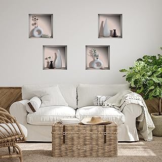 4 Pcs Stickers Muraux 3D Vase,Autocollant Muraux Vases pour Décoration Murale de Salon,Autocollant Mural Feuille Verte,Murales de 3D Vases de Salon,DIY Amovibles Vase Vinyle Autocollant ,30×30CM