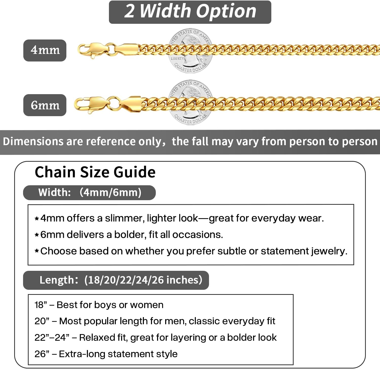 Momlovu Valentines Gifts for Men Boys 18K Gold Plated Chain Silver Tone Chains for Men Boys, 4mm/6mm Stainless Steel Cuban Link Chain, Cool Men's Necklace Chains 18/20/22/24/26 Inches - Image 3
