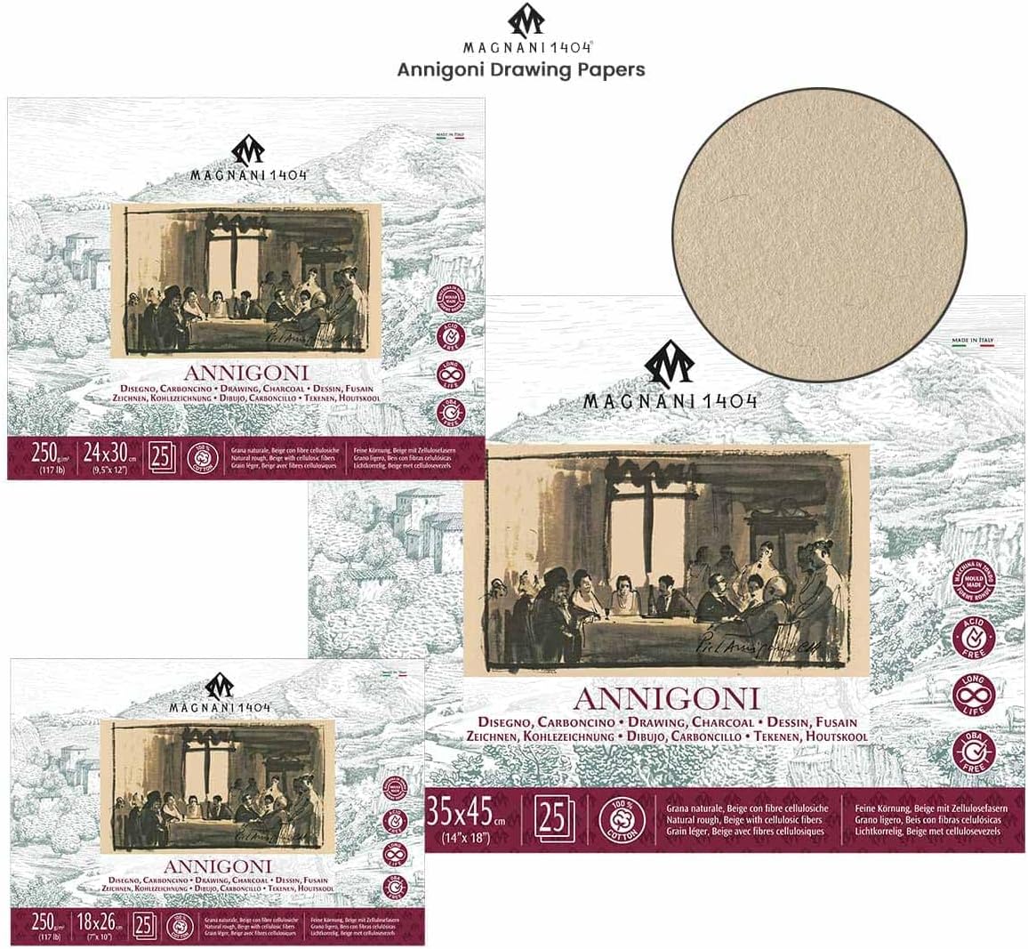 Magnani 1404 Annigoni Drawing Paper Pad 9.5x12, 25 Sheet Sketch Pads for Artists, 100% Cotton, Acid-Free Archival Art Sketchbook, Beige Sketching Paper Ideal for Mixed Media, Made in Italy