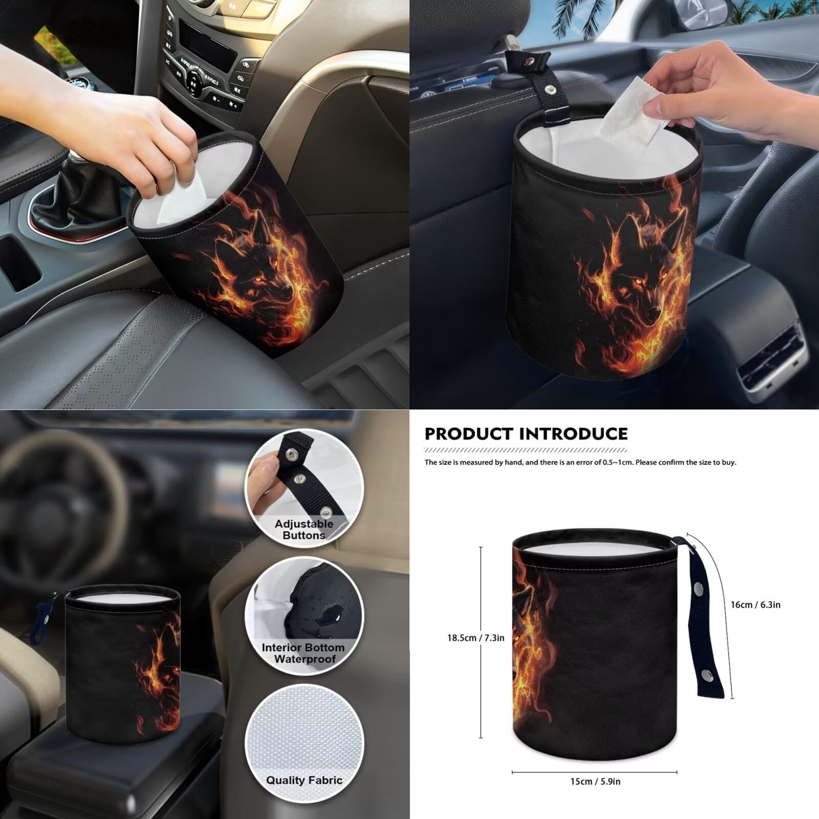 Wanyint Wolf Fire - Set completo di coprisedili per auto, accessori per auto, con coprivolante, cinghie, sottobicchieri, borsa della spazzatura, copertura per specchietto retrovisore, copertura per
