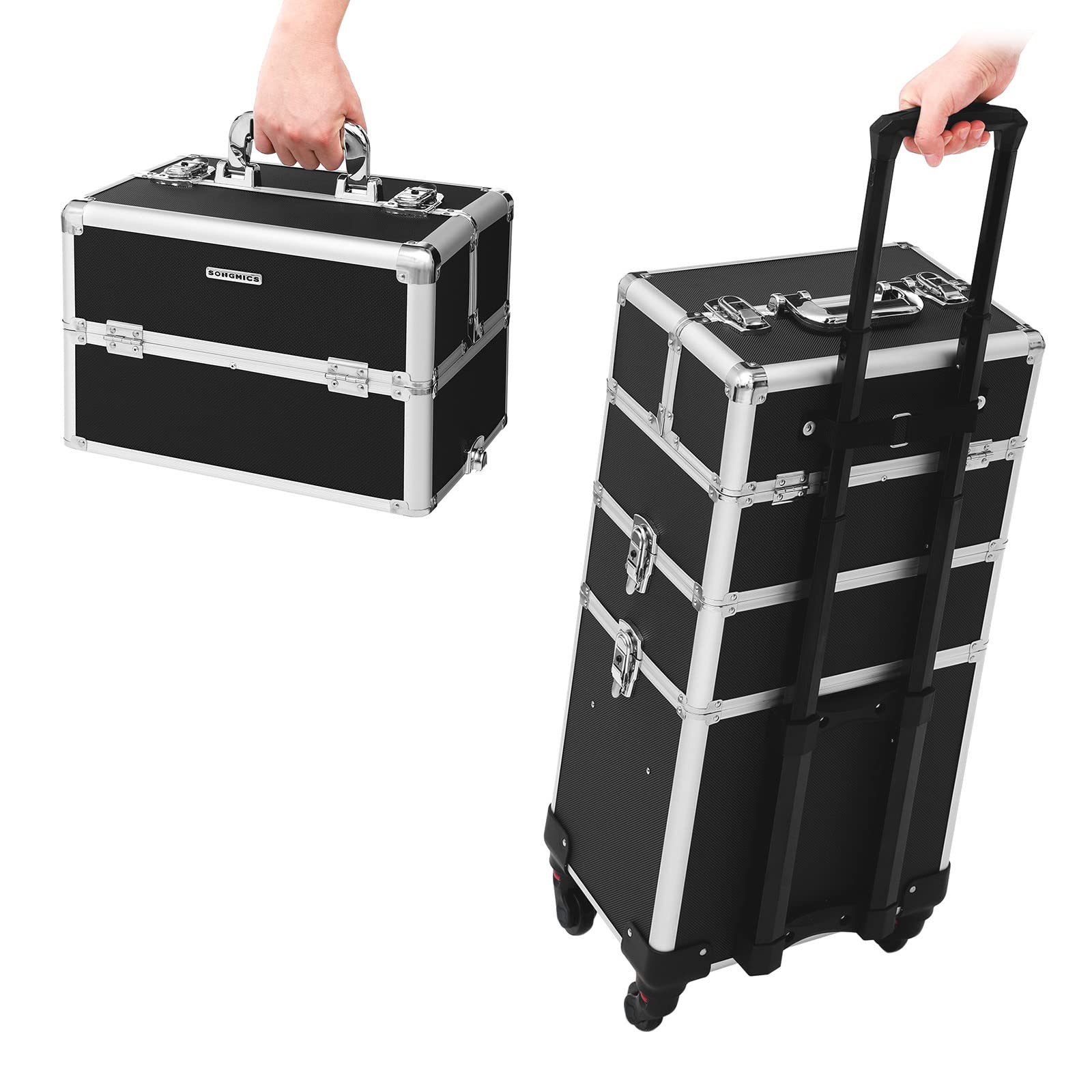 SONGMICS Maleta de Maquillaje Profesional, Maletín para Cosméticos 3 en 1, Extra Grande, Maletín de Peluquería, 35 x 25 x 69,8 cm, Con Cerradura, Ruedas 360°, para Viaje, Regalo Ideal, Negro JHZ01B