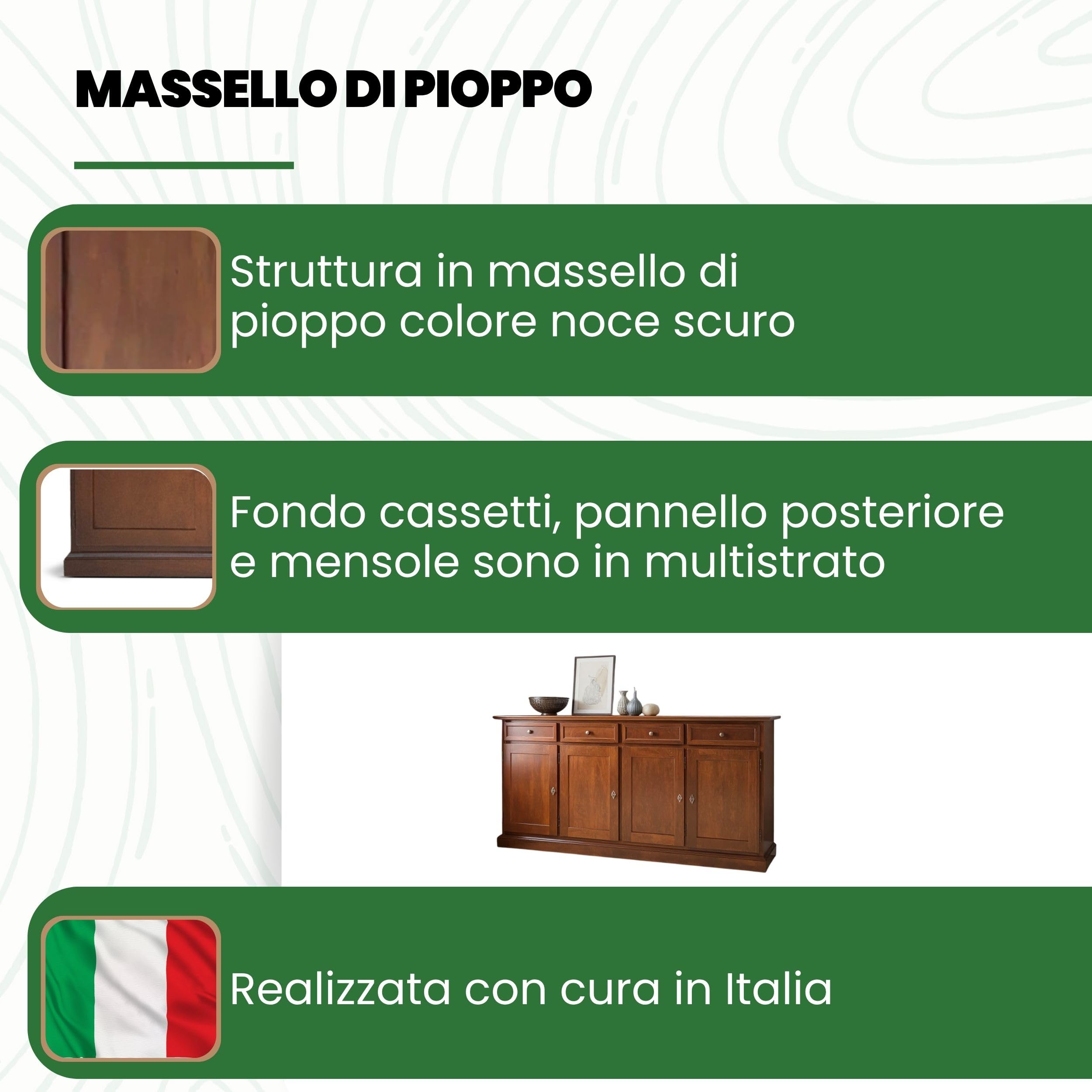 Mar.c.a. Design - Credenza Soggiorno in Legno di Pioppo, Stile Classico Arte Povera Elegante e Funzionale, Mobile Made in Italy