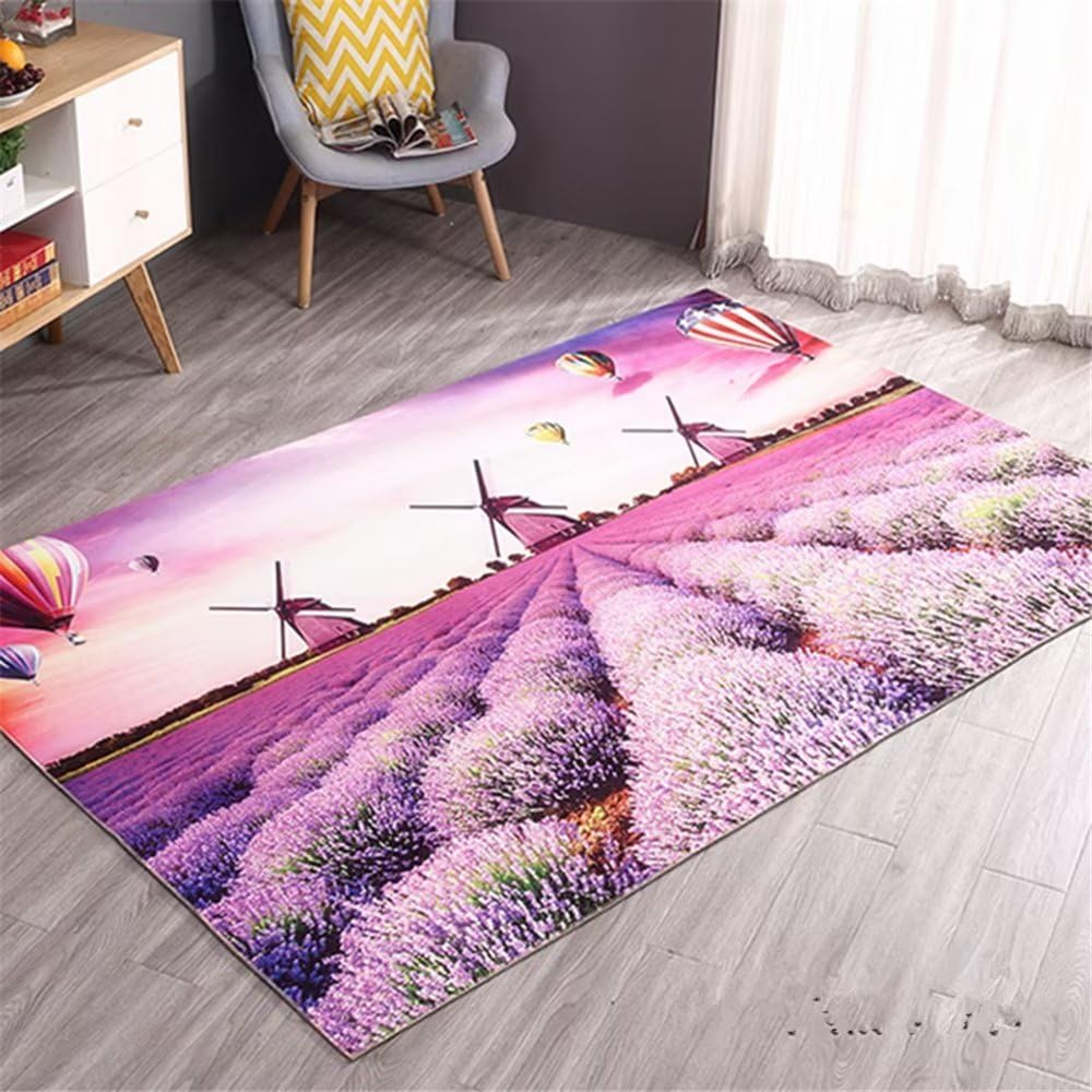 Tapis de salon violet motif lavande 80x160cm pour salle à manger et chambre enfant