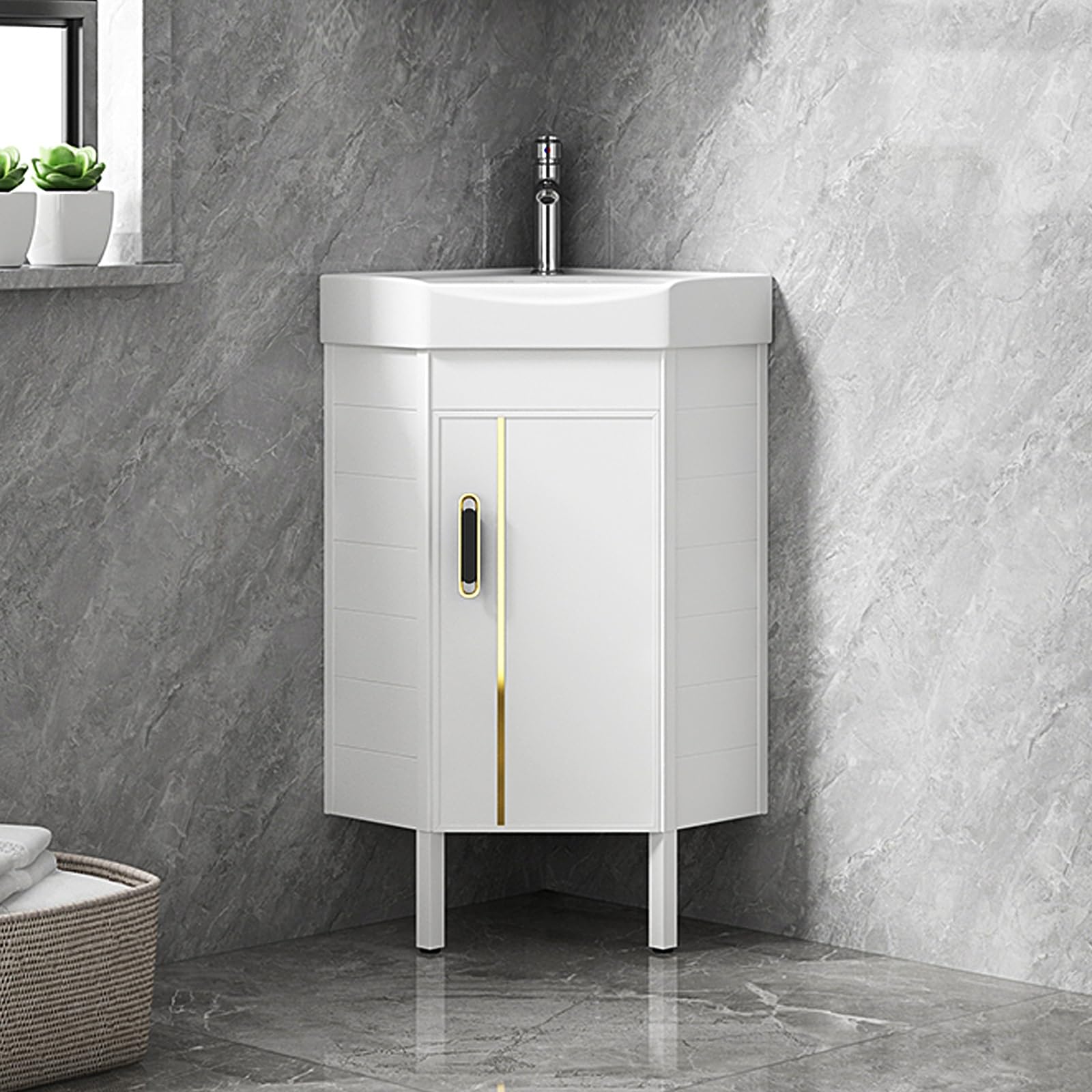 DFGHNBVC Compact Corner Vanity Sink, Space-Saving Floor Mounted Design With Ceramic Basin, Ideal For Tight Spaces In Bathrooms And Laundry Areas,White-38Cm/15In