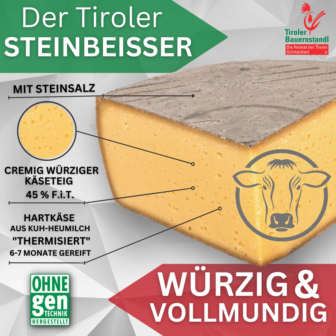Tiroler Bauernstandl Die Heimat der Tiroler Schmankerl. - Steinbeißer [0,200Kg] Käse am Stück Butter Käse Probierpaket Käsefondue Set Käse Aufschnitt Schmelzkäse laktosefrei Käseplatte Raclette-Käse