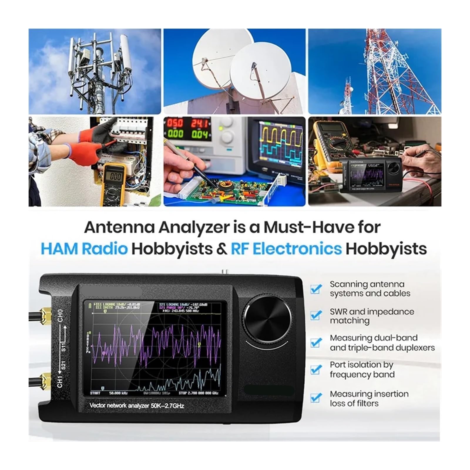 Antennenanalysator, Vector Network Antennenanalysator 4 Zoll IPS LCD-Display Touchscreen 50 kHz 2,7 GHz eingebaut 5000 mAh,für die Netzwerkkabeldiagnose