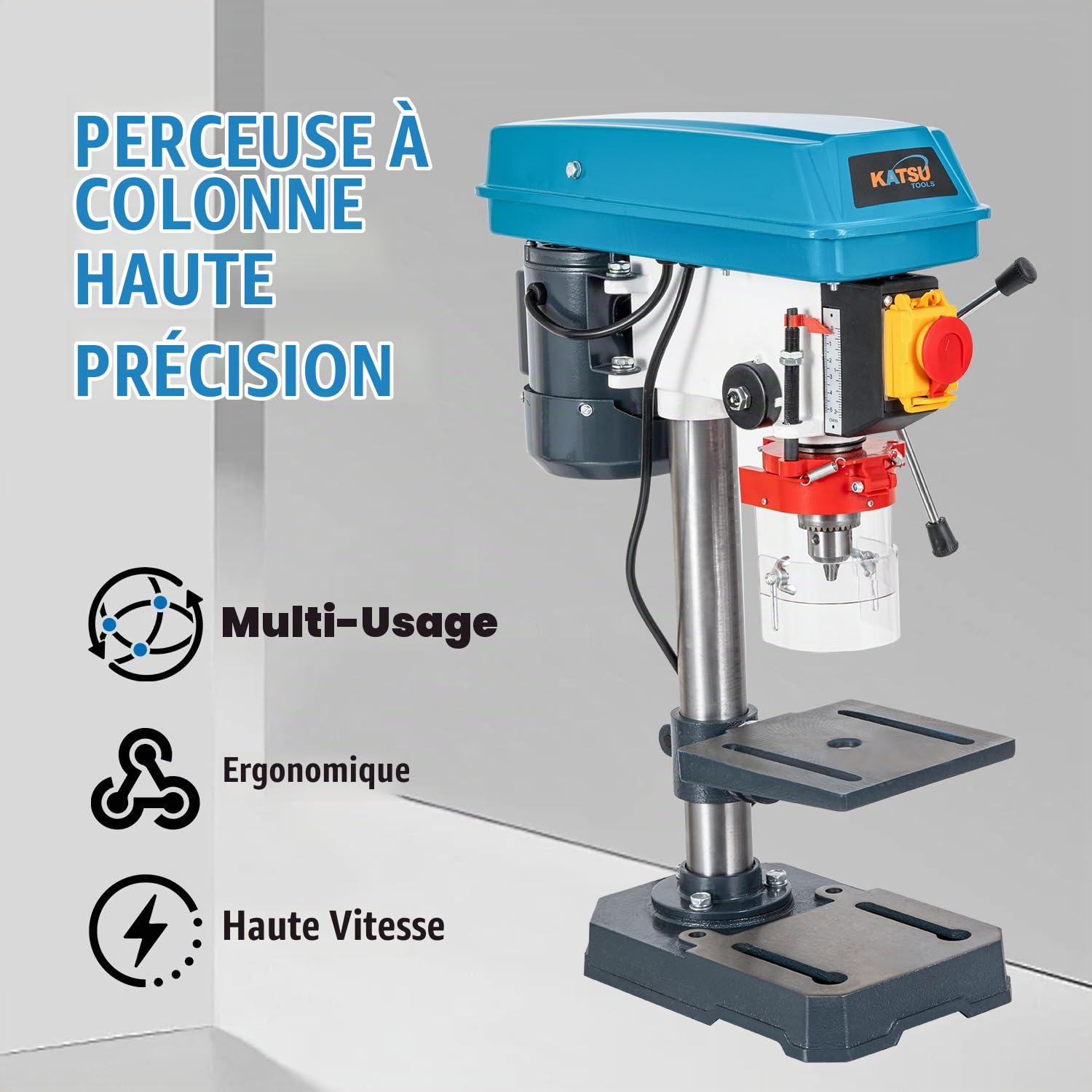 KATSU Tools Perceuse à colonne 350 W – mandrin 13 mm, 5 vitesses, profondeur max 50 mm, 2650 tr/min, table réglable