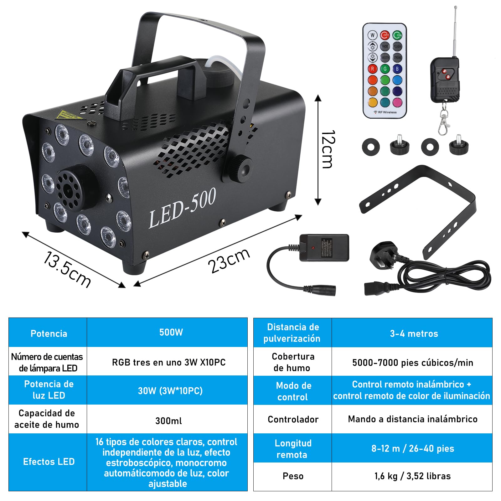 Máquina de Humo, 500W Máquina de Niebla Portátil, Máquina Humo con Remotos Inalámbricos, 10 Luces LED 13 Colores de Efectos RGB, para Halloween, Navidad, Fiesta, Bodas y DJ, etc
